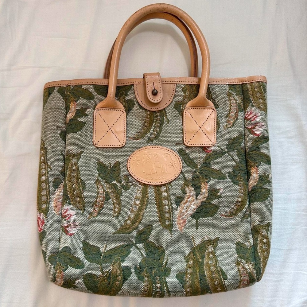 Vintage Liz Cox embroidered green canvas purse with genuine leather handles
